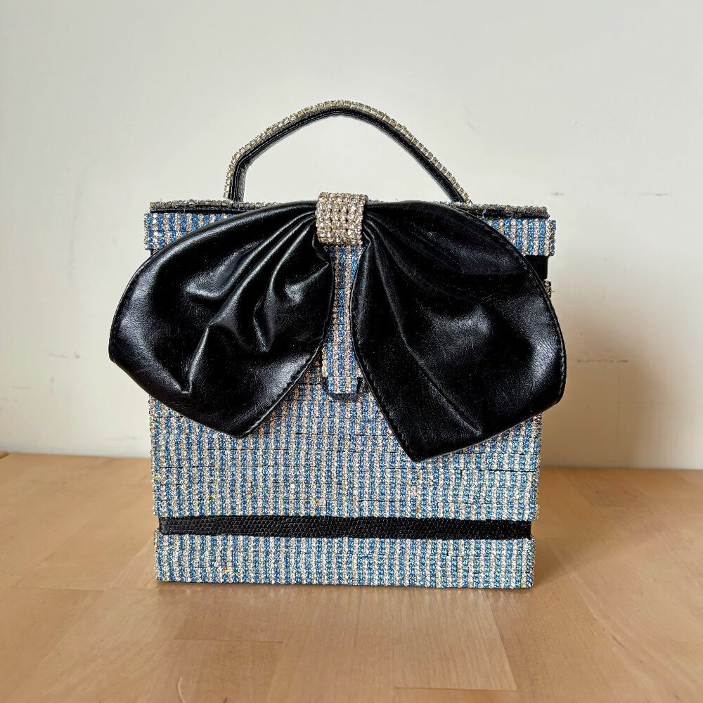 Adorable Evening Purse with Blue and White Glass Rhinestones and Big Bow